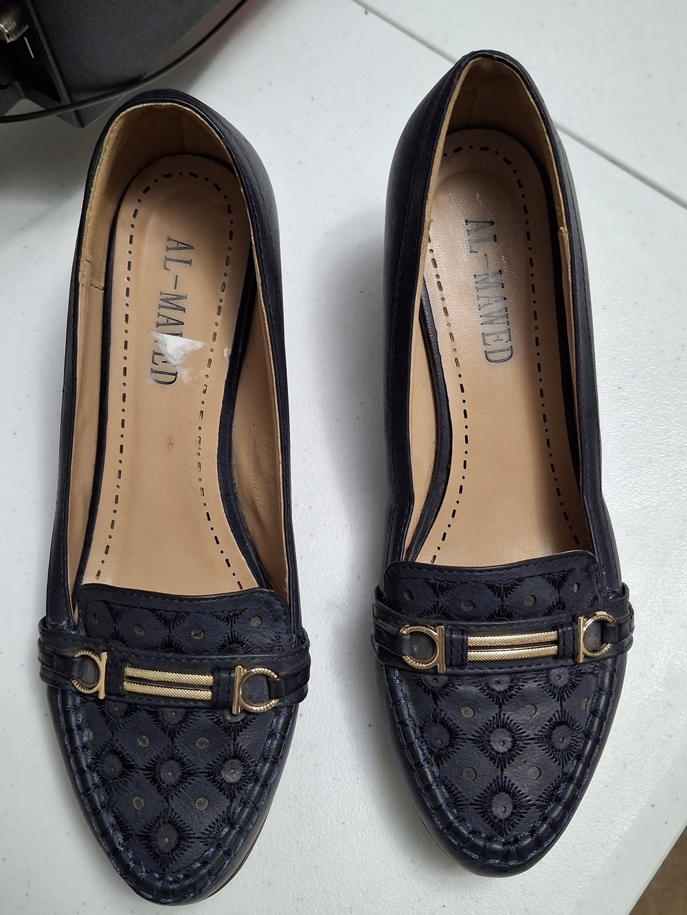 AL-Mawed Women's Black Embossed Loafers with Gold Accent